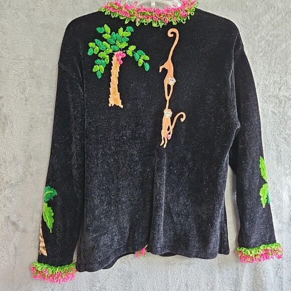 That Sweater women Med chenille Monkey Cardigan Sweater Wearable Art Neon Retro - Picture 10 of 12